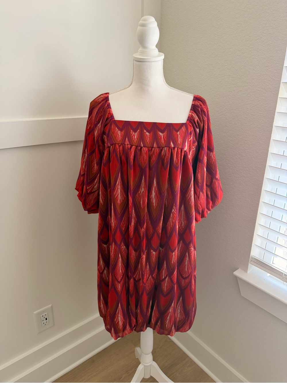 Red Patterned Square-Neck Women's Dress